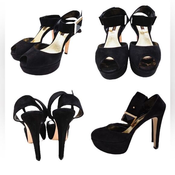 LOUIS VUITTON BLACK SUEDE PEEP TOE ANKLE STRAP PLATFORM HIGH HEEL SANDAL SHOE 35 - Picture 6 of 6